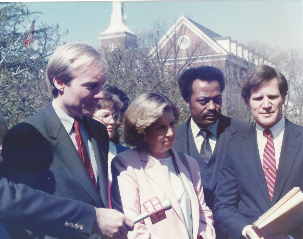 Comptroller Peter Franchot, Sarah Brady, Gil and Senator Ralph Hughes are pictured here responding to Press inquiries on the passage of the landmark legislation banning “Saturday Night Specials.” Gil was the House Judiciary Criminal Justice Subcommittee Chair.