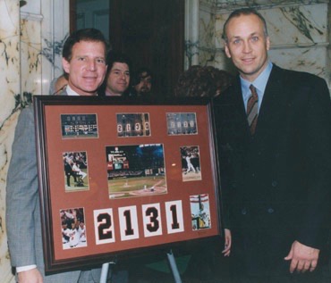 Gil had the honor of presenting the Maryland Legislature’s gift to Cal Ripken after he broke Lou Gehrig’s consecutive game streak. Current Maryland Secretary of Housing and Community Development, Ken Holt, is in the background.